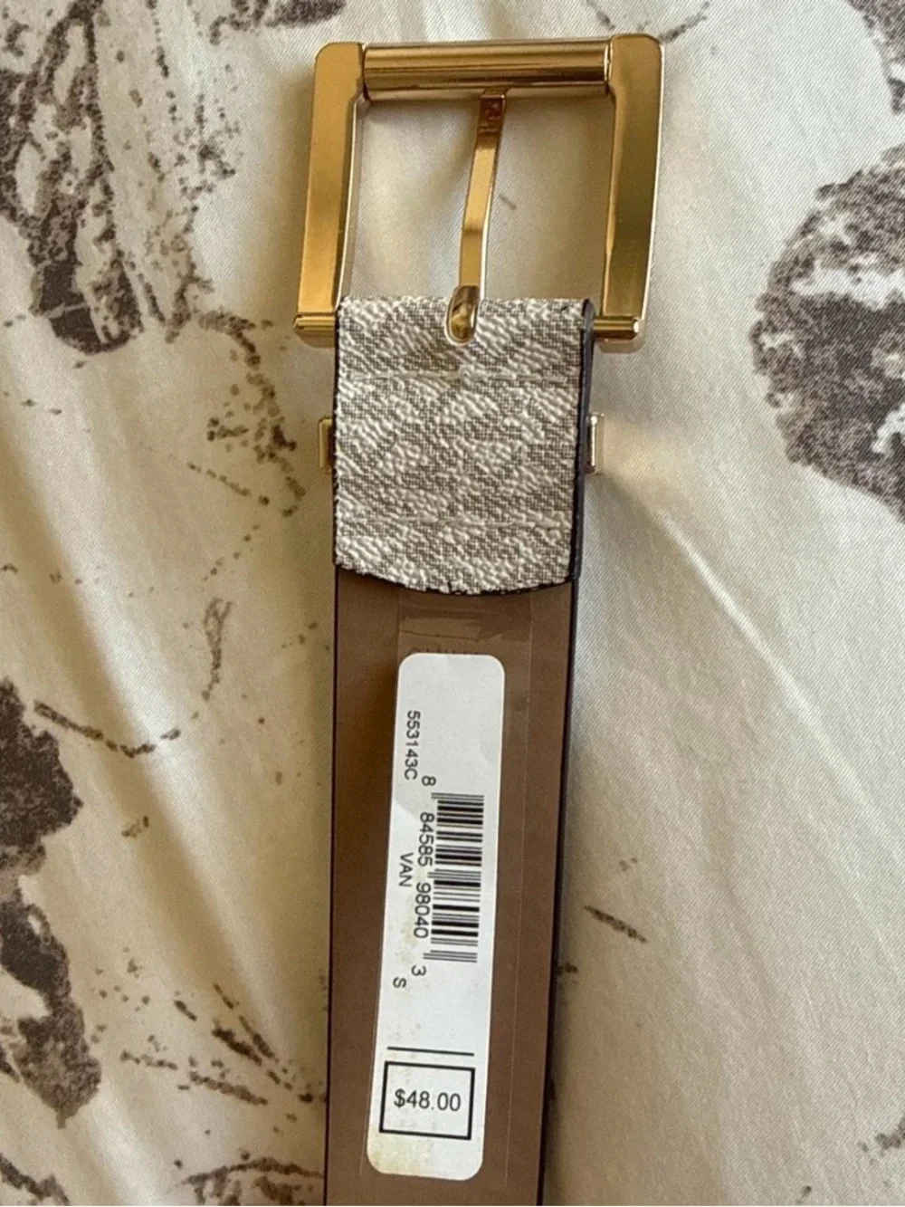 Michael Kors small cream Logo-Print women’s Leather Belt with Gold Buckle